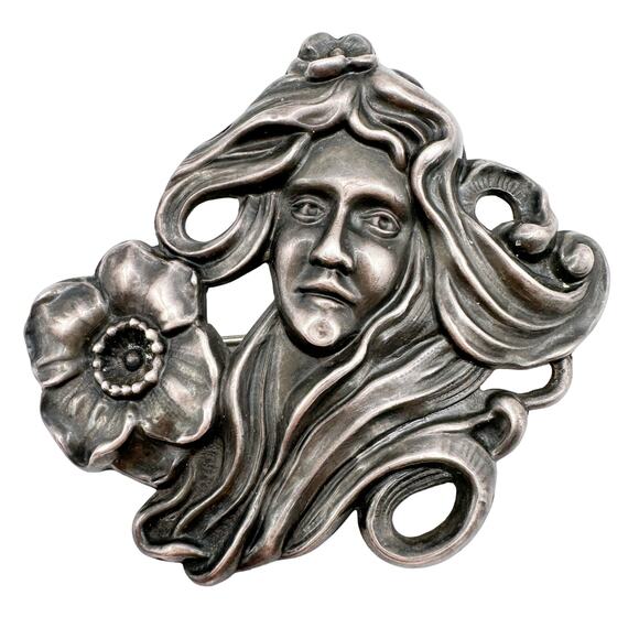 Unknown Jewelry - Antique Art Nouveau Sterling Silver Brooch Maiden with Flower, Gibson Girl Style